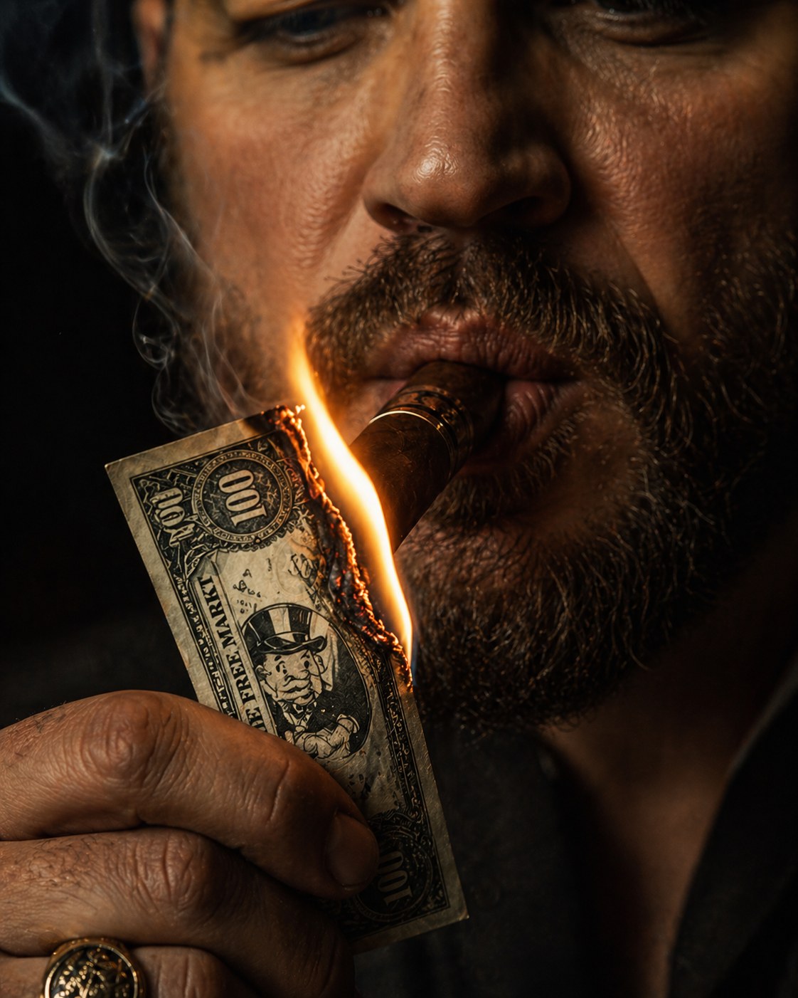 A cigar being lit by the flaming corner of a hundred-dollar note